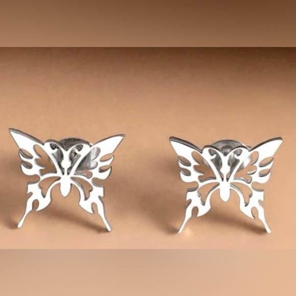 “Tribal Butterfly” Silver Stainless Steel Lasercut Cut-out Hollow Dainty Earring - Picture 4 of 6